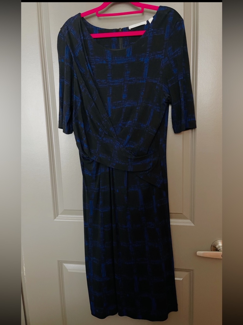 Hugo Boss Black and Blue Patterned Faux-Wrap Midi Dress